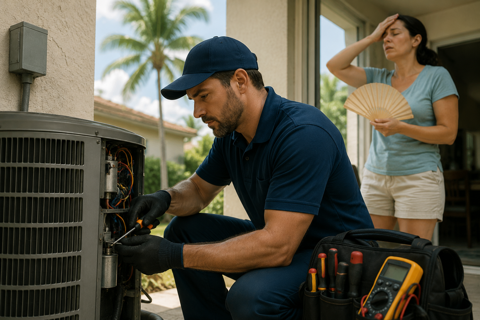 HVAC technician repairing air conditioner in North Port FL
