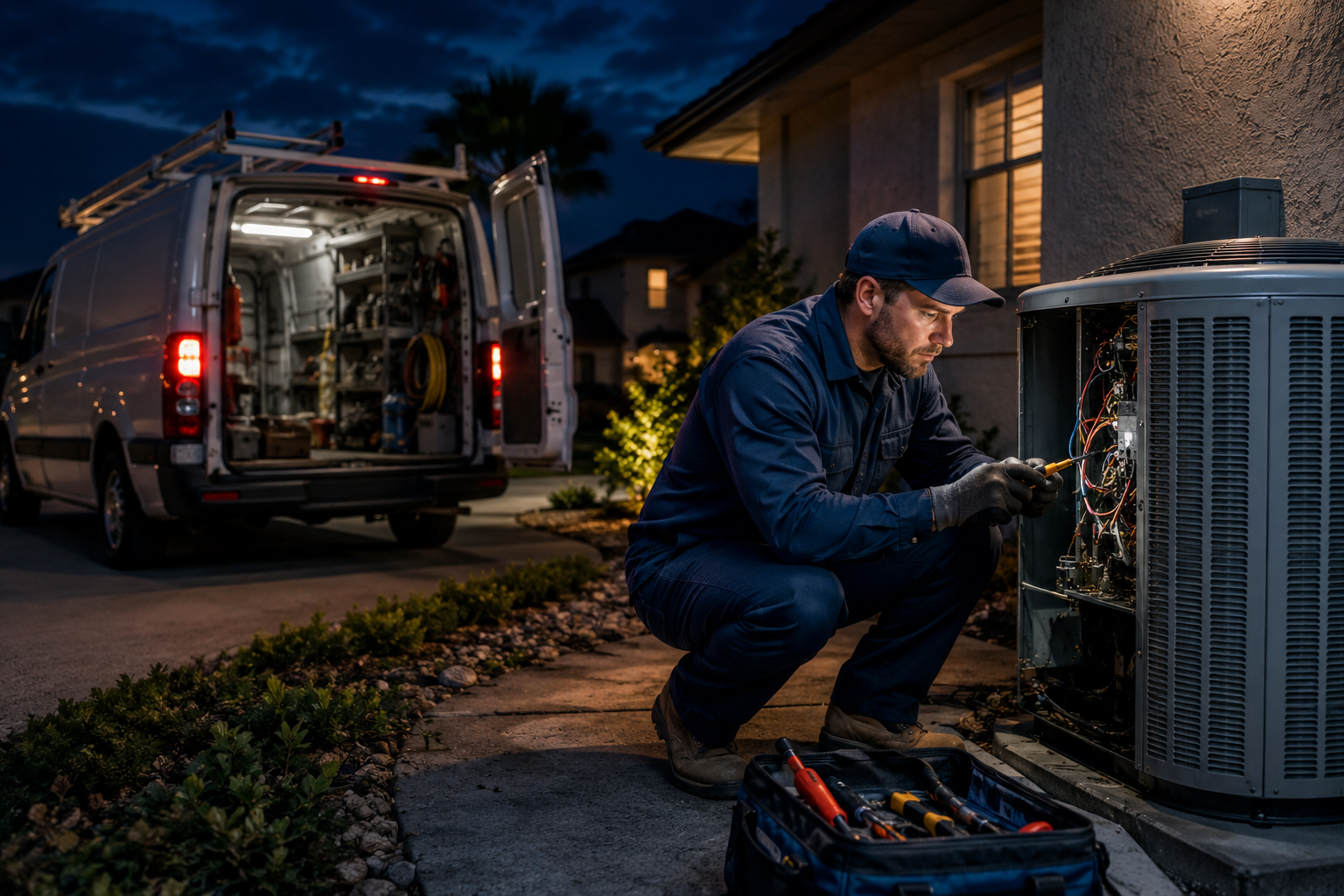 Emergency HVAC technician responding to repair call in North Port