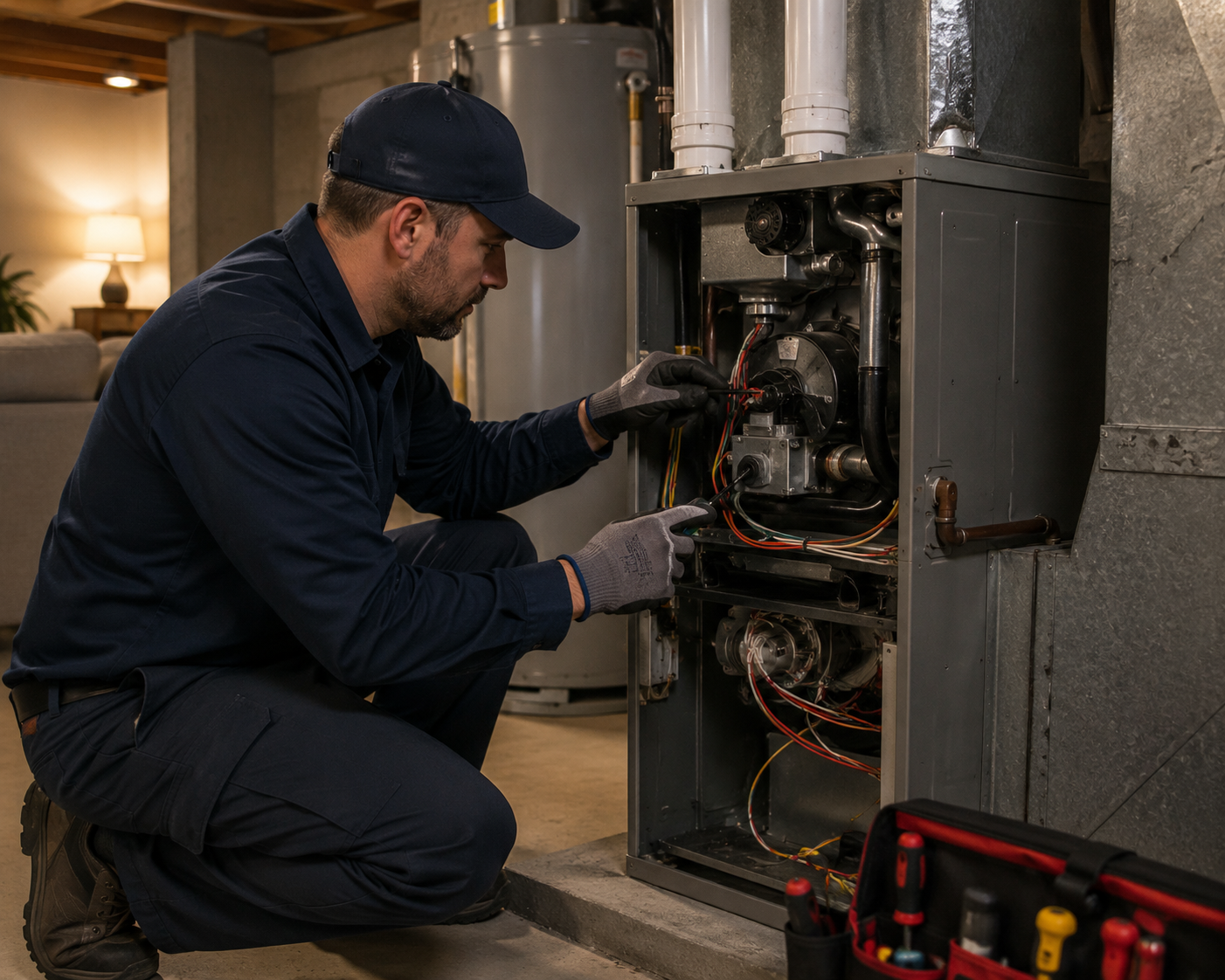 Technician repairing furnace in North Port Florida home