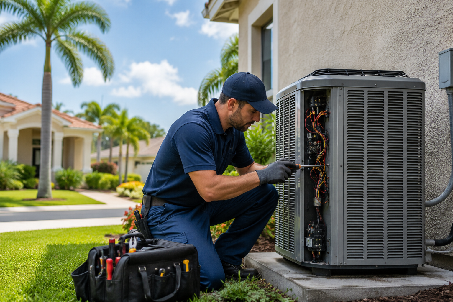 HVAC technician repairing air conditioner in North Port Florida home